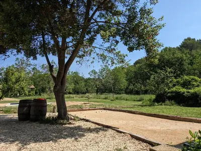 a tree and a barrel sitting next to a field at La ferme du TourreBlanc in Lambesc