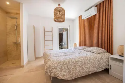 a bedroom with a bed and a walk in shower at Au NÈGO CHIN 105m2 en bord de Sorgue in LʼIsle-sur-la-Sorgue