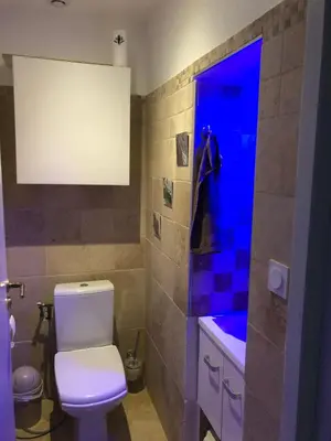 a bathroom with a toilet and a blue light at Au milieu des Piboules de Provence. in LʼIsle-sur-la-Sorgue