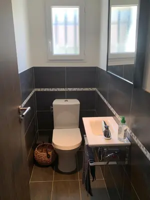 a bathroom with a toilet and a sink at Les Moineaux in Rustrel