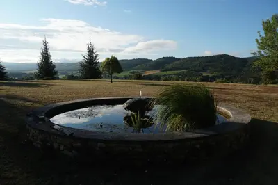 a bird bath with grass in it in a field at Les Néfliers Gîte in Céreste