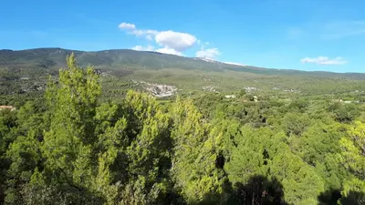 a view of a forest with mountains in the background at La Carriera, petite maison Provençale sud Ventoux, climatisée in Bédoin