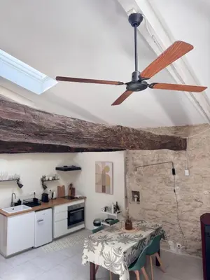 a ceiling fan in a kitchen with a table at Bonnieux : Loft - La pause in Bonnieux