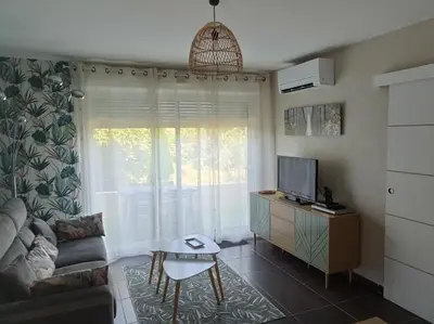 a living room with a couch and a tv at LE SOLEIL DU LUBERON - T2 avec Terrasse, Parking et Clim in LʼIsle-sur-la-Sorgue