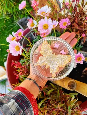 a person holding a glass plate with a butterfly on it at chambre d'hôtes Et Puis Voilà! in Murs