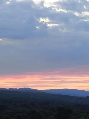 a view of the sky at sunset from the forest at chambre d'hôtes Et Puis Voilà! in Murs