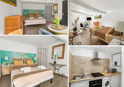 a collage of pictures of a hotel room at Les Amandiers - L'Isle d'Or in LʼIsle-sur-la-Sorgue