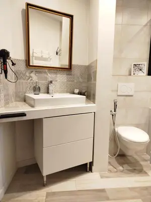 a bathroom with a sink and a toilet and a mirror at A l'Ombre de la Dame in Cucuron