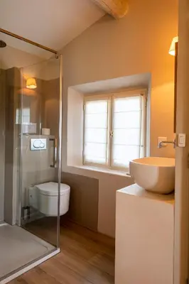 a bathroom with a sink and a glass shower at Mas De Rosemarie in Joucas