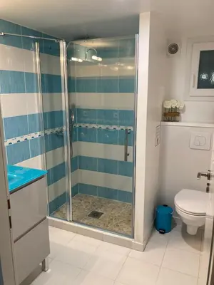 a bathroom with a shower and a toilet at Les Hauts d'Eyragues gîte Aigue Marine Meublé classé 4 étoiles in Eyragues