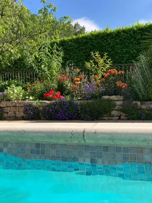 a garden with flowers and a swimming pool at Les Hauts d'Eyragues gîte Aigue Marine Meublé classé 4 étoiles in Eyragues