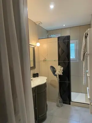 a bathroom with a sink and a shower at Les Hauts d'Eyragues gite Rêverie Meublé classé 4 étoiles in Eyragues