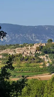 a village on a hill with trees and houses at Charming village house in Goult in Goult