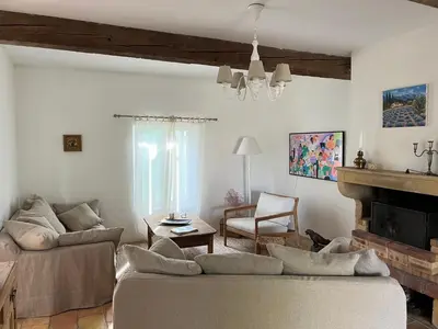 a living room with two couches and a fireplace at Charming village house in Goult in Goult