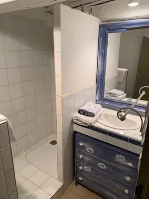 a bathroom with a sink and a mirror at La Maison Rose in Caromb