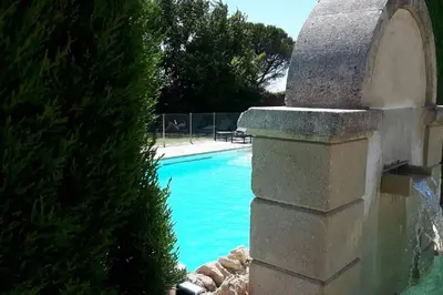 a swimming pool with a fountain next to a tree at Bastidon Plein Sud in Gordes