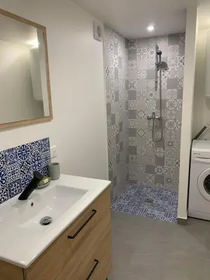 a bathroom with a sink and a washing machine at Charmant logement avec un extérieur et un jacuzzi in Lançon-Provence