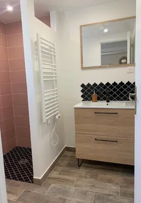 a bathroom with a sink and a mirror at Ravissant logement avec jacuzzi in Lançon-Provence