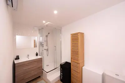 a white bathroom with a shower and a sink at Le Nostradamus - Magnifique appartement cours principal plein centre avec parking in Salon-de-Provence