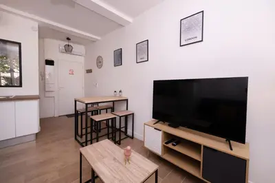 a living room with a large flat screen tv at Le Nostradamus - Magnifique appartement cours principal plein centre avec parking in Salon-de-Provence
