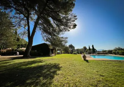 a yard with a tree and a swimming pool at La Villa La Source à Aix en Provence in Aix-en-Provence