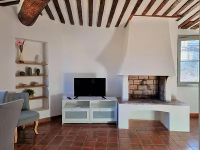 a living room with a tv and a fireplace at Les toits de Mignet in Aix-en-Provence