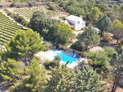 an aerial view of a villa with a swimming pool and trees at Villa Cantirane in Saint-Pierre-de-Vassols