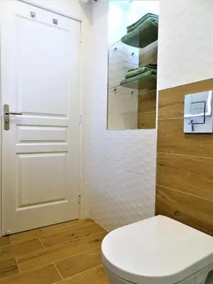 a bathroom with a toilet and a white door at BLUE FOUNTAIN Luxueux Studio Aix Centre Historique -WIFI-SMART TV- in Aix-en-Provence