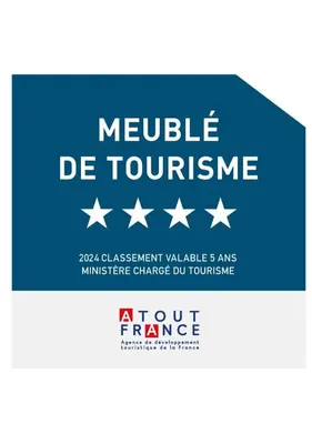 a blue sign with white stars on it at Lakeside Provence - Appartement classé 4 étoiles, Vue sur le lac de Monteux, Parking sous-sol, double clim in Monteux