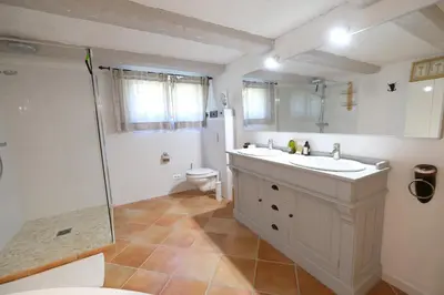 a bathroom with a sink and a shower and a toilet at very pleasant provençal mas, typical to the region, with heated pool in saint remy de provence - 9 people in Saint-Rémy-de-Provence