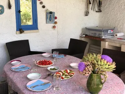 a table with plates of food and fruit on it at very pleasant provençal mas, typical to the region, with heated pool in saint remy de provence - 9 people in Saint-Rémy-de-Provence
