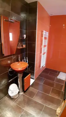 a bathroom with an orange sink and a shower at AUPETIT BONHEUR in Lauris