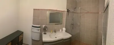 a bathroom with a sink and a shower with a mirror at la pinède in Roussillon