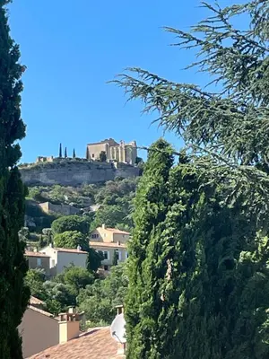 a view of a city with a castle on a hill at lagalerie84 in Saint-Saturnin-les-Apt