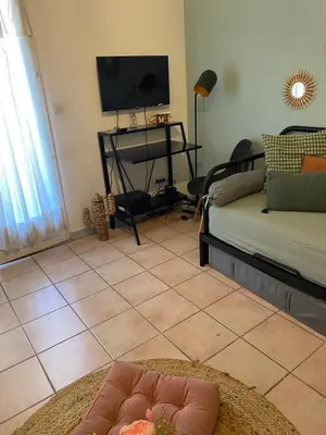 a living room with a tv and a couch at Aix-en-Provence, Charmant studio proche toutes comodités et axes routiers, linges fournis in Aix-en-Provence