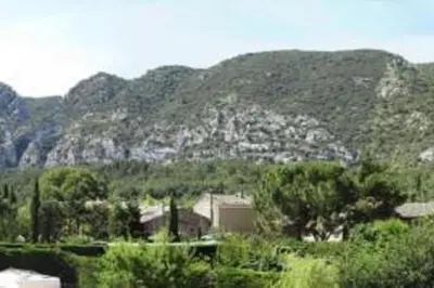 a mountain in the distance with trees and houses at Le Maset des Aires avec vue sur le Luberon et son jacuzzi extérieur disponible de juin à mi-septembre in Maubec
