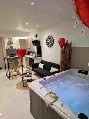 a living room with a jacuzzi tub in a room at Appartement - Spa in Monteux