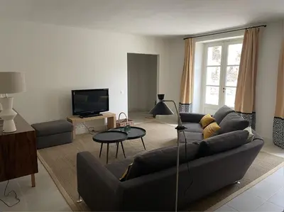 a living room with a couch and a tv at LES ROCHES in Apt