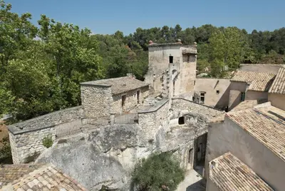 an aerial view of an old stone building with roofs at LES ROCHES in Apt