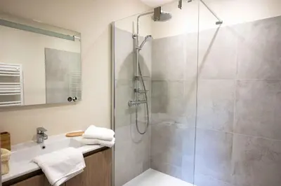 a bathroom with a shower and a sink at Maison Cocoon Lourmarin 6 personnes in Lourmarin