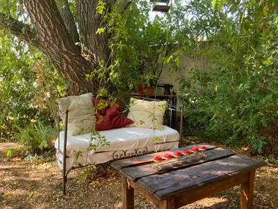a couch and a coffee table in a yard at Les Chambres de Fanny in Cabrières-dʼAigues