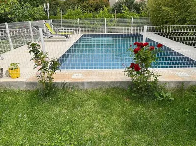 a swimming pool with two roses in the grass at Villa climatisé avec piscine et jacuzzi in Carpentras