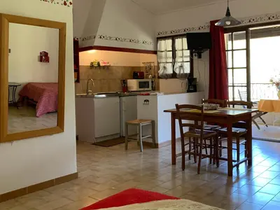 a kitchen and dining room with a table and a mirror at Gîte La loge 142 route de CARPENTRAS 84210 VENASQUE in Venasque