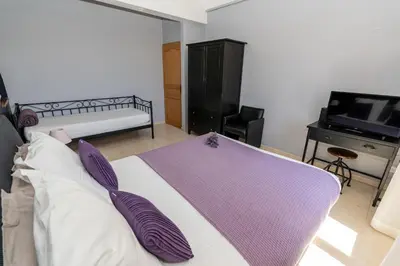 a bedroom with a bed with purple pillows and a television at Mon Ventoux - Cozyhotes in Sault-de-Vaucluse