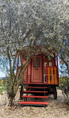 a red tiny house sitting in a tree at Roulotte chez Manon en Luberon in Lagnes