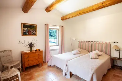 a bedroom with two beds and a window at Gîte St Roch en Luberon in Castellet