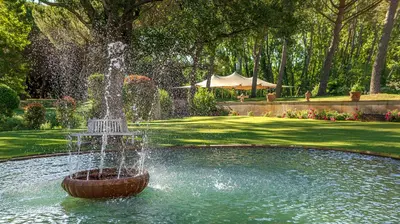 a fountain in the middle of a pond in a garden at Chateau Talaud in Loriol-du-Comtat
