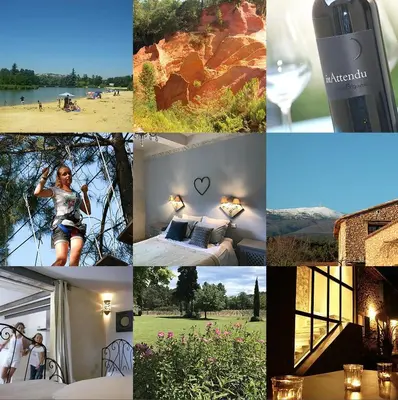 a collage of photos with a woman and a picture of a hotel at Mas Boudeissoun - Cœur de cerise - Baignade à 600 m in Mormoiron
