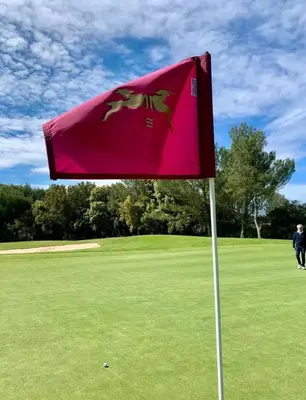 a red flag in the middle of a golf course at Appartement vue panoramique au domaine et golf de pont royal in Mallemort
