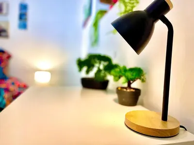 a black lamp sitting on a desk with potted plants at *Le Namasté*Fibre Wifi*Hyper Centre* in Salon-de-Provence